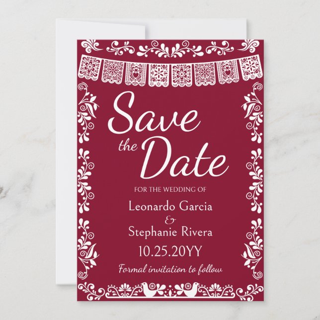 Burgundy Papel Picado Wedding Save the Date Invitation (Front)
