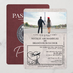 Burgundy Paris Passport Wedding Invitation