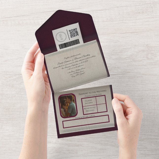 Burgundy Passport Style All In One Invitation (Tearaway)