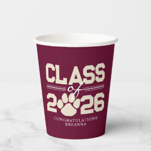 Burgundy Pawprint Graduation Class Year Paper Cups