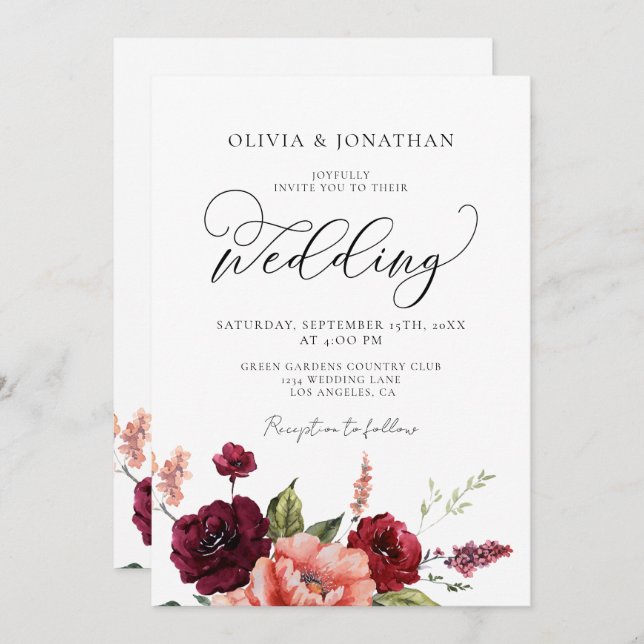 Burgundy Peach All in 1 Budget QR Code Wedding Invitation (Front/Back)