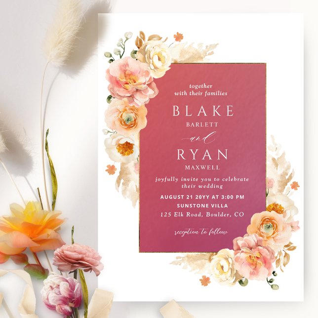 Burgundy Peach Blush and Cream Floral Chic Wedding Invitation (Creator Uploaded)