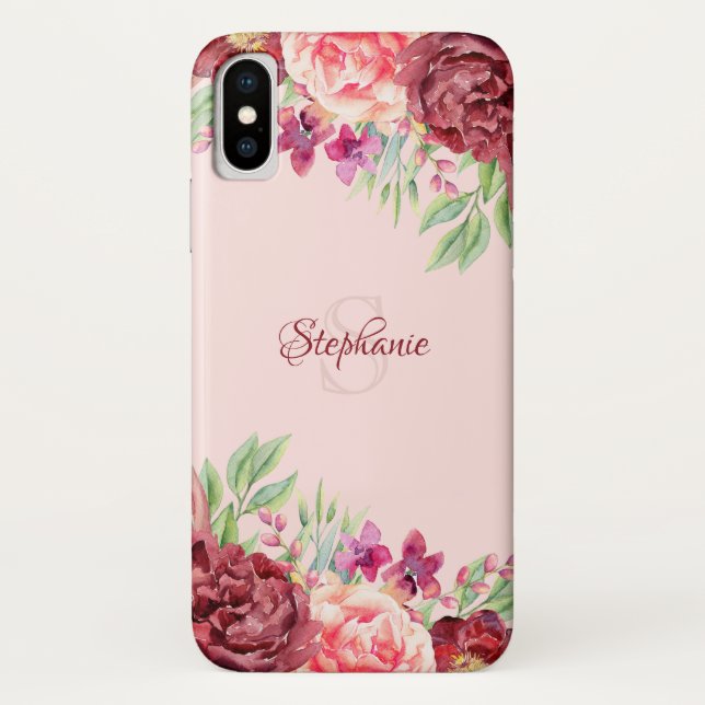 Burgundy Peach Blush Floral Rose Monogram Case-Mate iPhone Case (Back)
