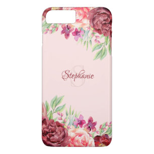 Burgundy Peach Blush Floral Rose Monogram Case-Mate iPhone Case