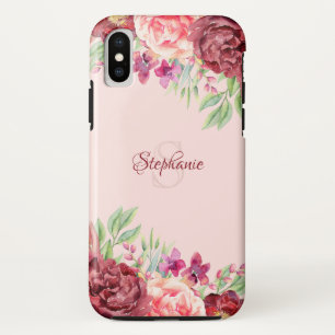 Burgundy Peach Blush Floral Rose Monogram Case-Mate iPhone Case