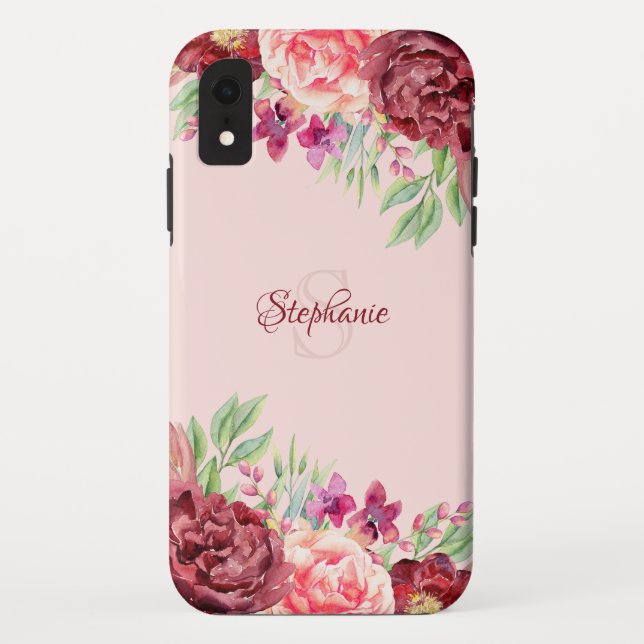 Burgundy Peach Blush Floral Rose Monogram Case-Mate iPhone Case (Back)