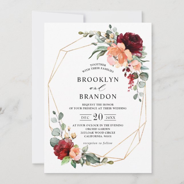 Burgundy Peach Coral Orange Eucalyptus Wedding Invitation (Front)