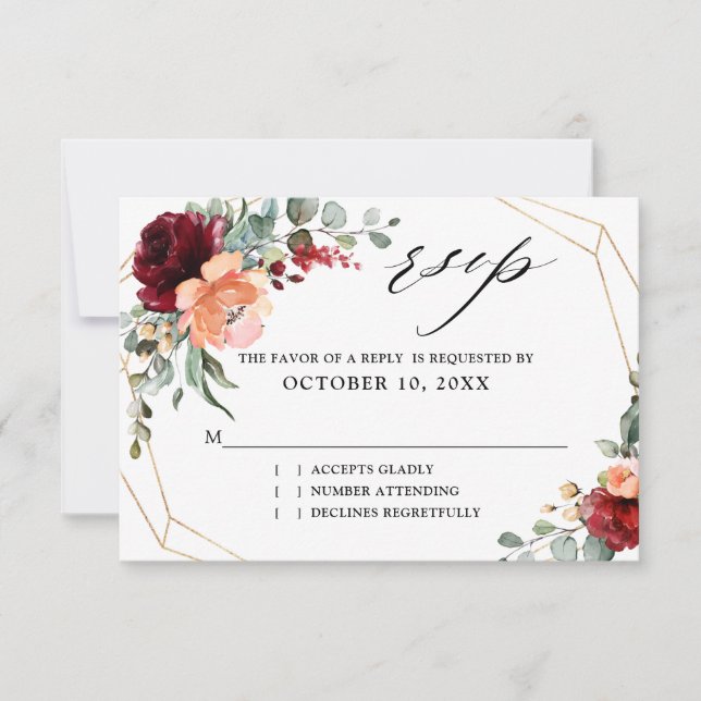 Burgundy Peach Coral Orange Eucalyptus Wedding RSV RSVP Card (Front)