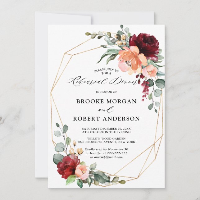 Burgundy Peach Coral Pink Roses Rehearsal Dinner I Invitation (Front)