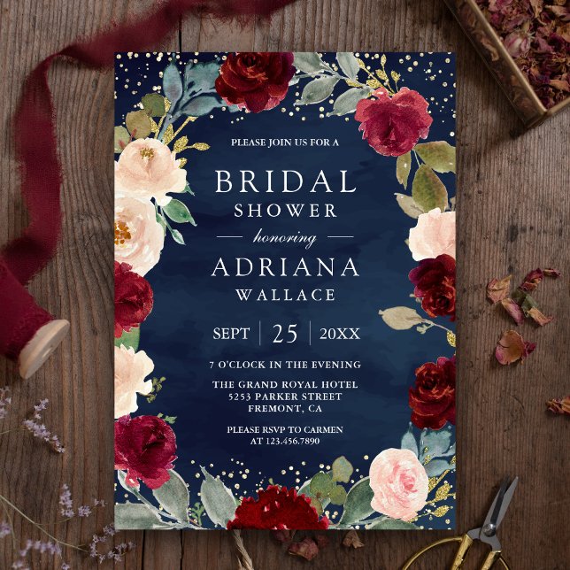Burgundy Peach Floral Navy Blue Bridal Shower Invitation (Creator Uploaded)