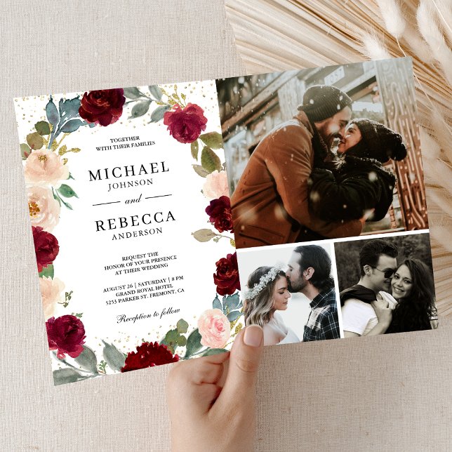 Burgundy Peach Floral Photo QR Code Wedding Invitation (Creator Uploaded)