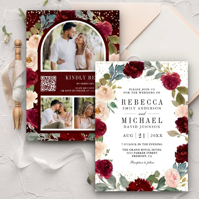 Burgundy Peach Floral Photo QR Code Wedding Invitation (Creator Uploaded)