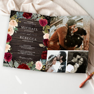 Burgundy Peach Floral Photo QR Code Wood Wedding Invitation