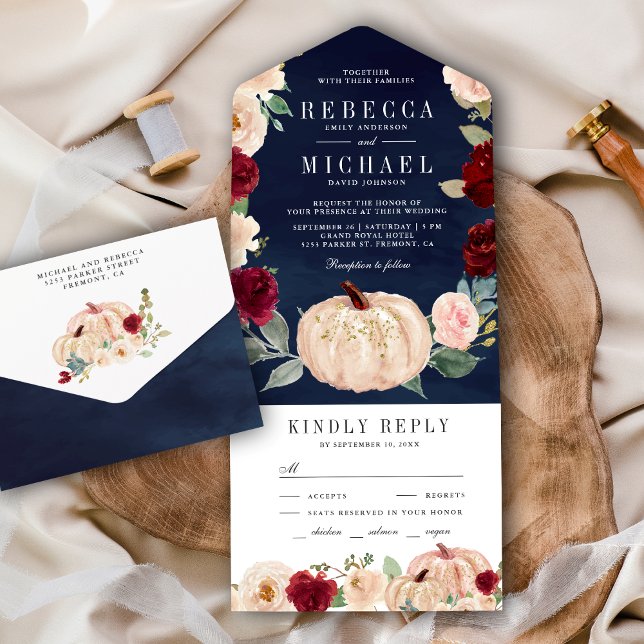 Burgundy Peach Floral Pumpkin Navy Blue Wedding All In One Invitation (Creator Uploaded)