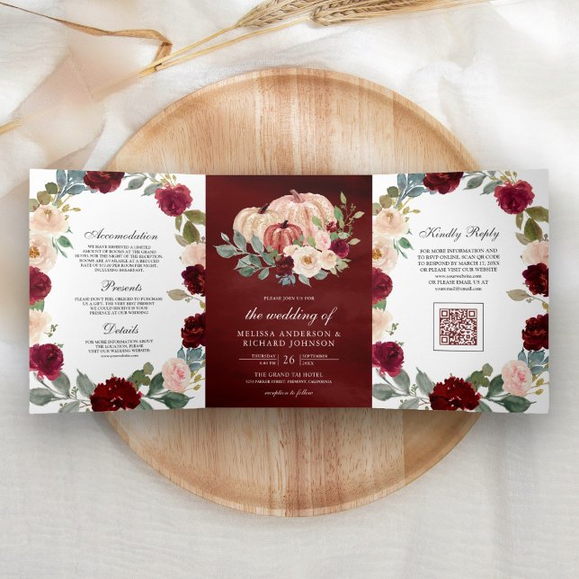 Burgundy Peach Floral Pumpkin QR Code Wedding Tri-Fold Invitation (Creator Uploaded)