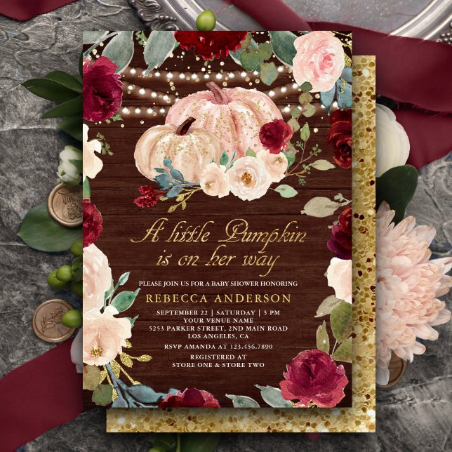 Burgundy Peach Floral Pumpkin Wood Baby Shower Invitation (Creator Uploaded)