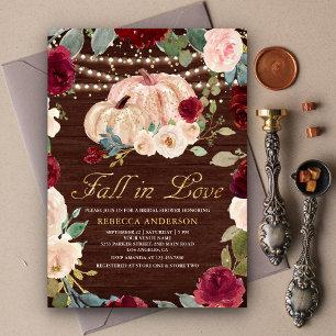 Burgundy Peach Floral Pumpkin Wood Bridal Shower Invitation