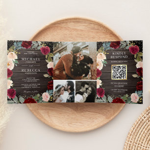 Burgundy Peach Floral QR Code Barn Wood Wedding Tri-Fold Invitation
