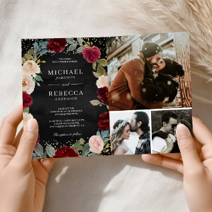 Burgundy Peach Floral QR Code Black Wedding Invitation