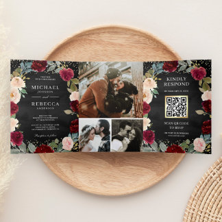 Burgundy Peach Floral QR Code Black Wedding Tri-Fold Invitation