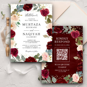 Burgundy Peach Floral QR Code Muslim Wedding Invitation