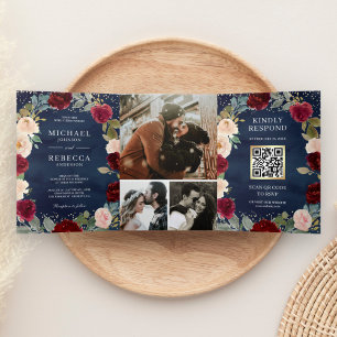 Burgundy Peach Floral QR Code Navy Blue Wedding Tri-Fold Invitation