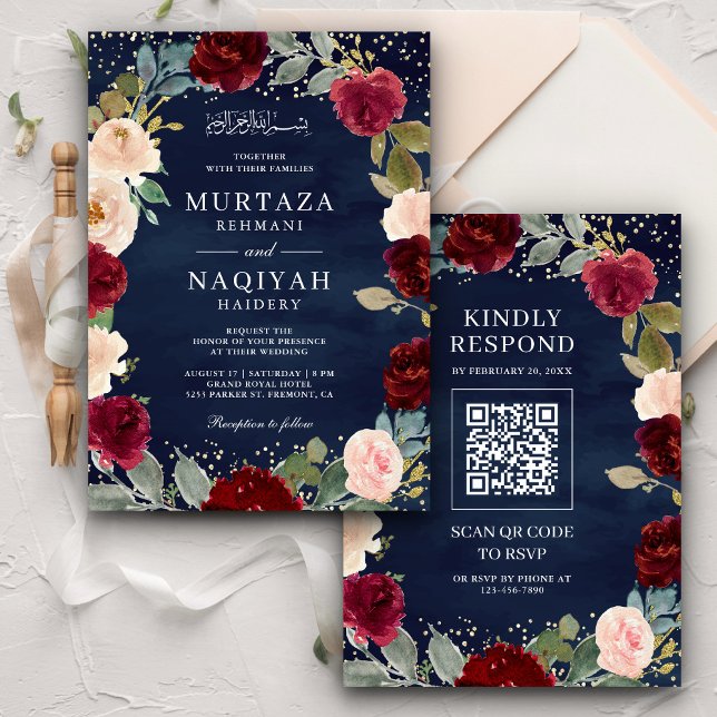 Burgundy Peach Floral QR Code Navy Muslim Wedding Invitation (Creator Uploaded)