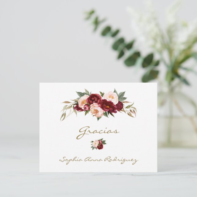 Burgundy Peach Floral Spanish Baby Shower Gracias  Postcard (Standing Front)