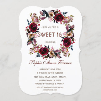 Burgundy Peach Floral Sweet Sixteen Party Invitation