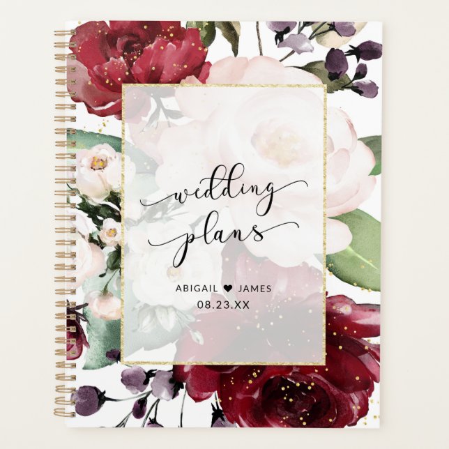 Burgundy Peach Floral Watercolor Gold Foil Wedding Planner (Front)