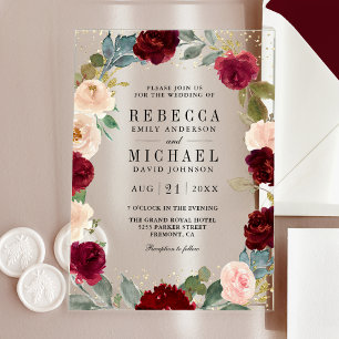 Burgundy Peach Floral Wedding Acrylic Invitations