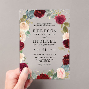 Burgundy Peach Floral Wedding Acrylic Invitations
