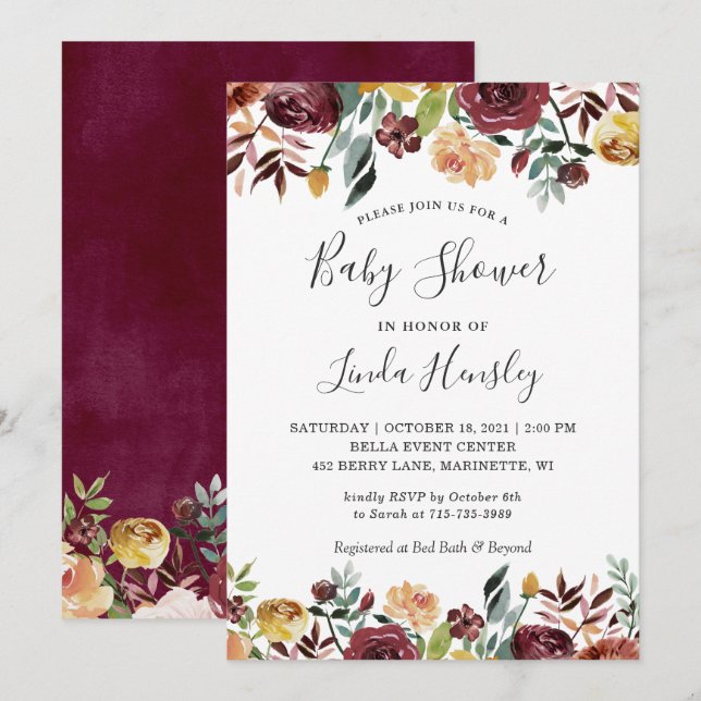 Burgundy Peach Gold Garden Floral Fall Baby Shower Invitation (Front/Back)