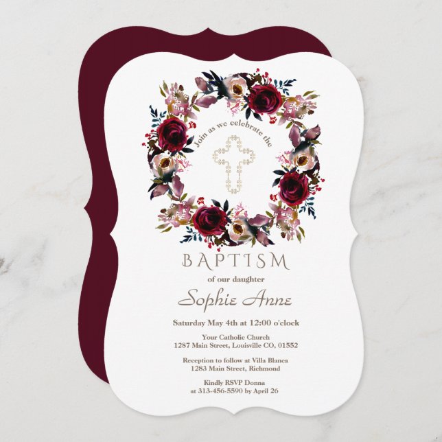 Burgundy Peach Marsala Floral Baptism Invitation (Front/Back)
