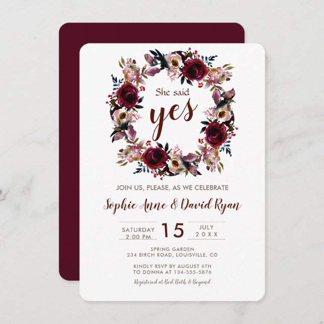 Burgundy Peach Marsala Floral Engagement Party Invitation (Front/Back)