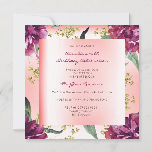 Burgundy Peach Pink Floral Tropical Peony Birthday Invitation (Front)