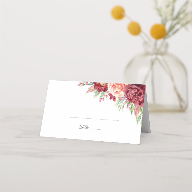 Burgundy Peach Rose Foliage Watercolor Wedding Place Card (Front)