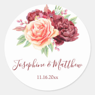 Burgundy Peach Rose Watercolor Floral Wedding Classic Round Sticker