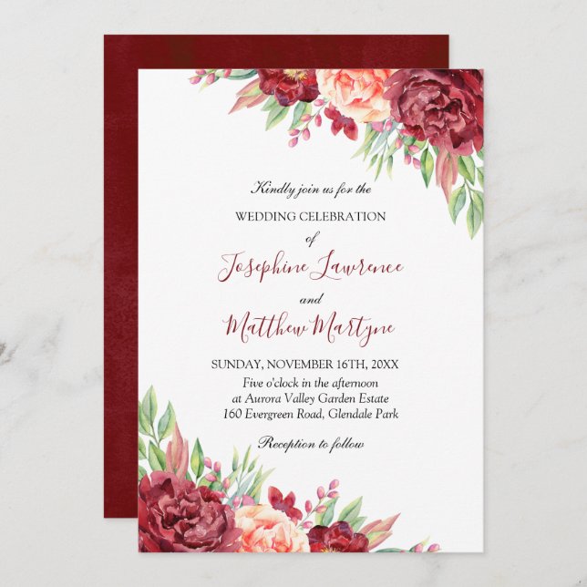 Burgundy Peach Rose Watercolor Floral Wedding Invitation (Front/Back)