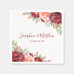 Burgundy Peach Rose Watercolor Floral Wedding Napkin