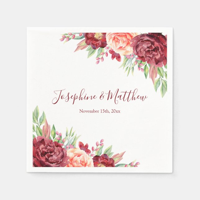 Burgundy Peach Rose Watercolor Floral Wedding Napkin (Front)