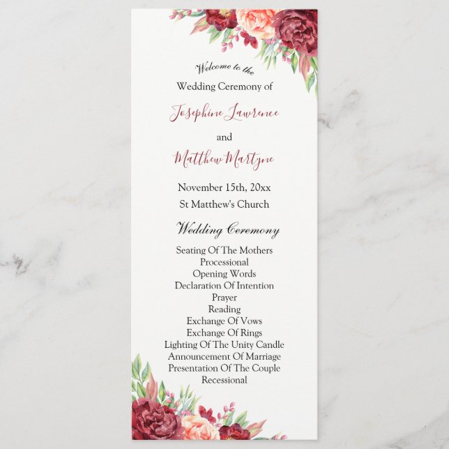 Burgundy Peach Rose Watercolor Floral Wedding Programme (Front)
