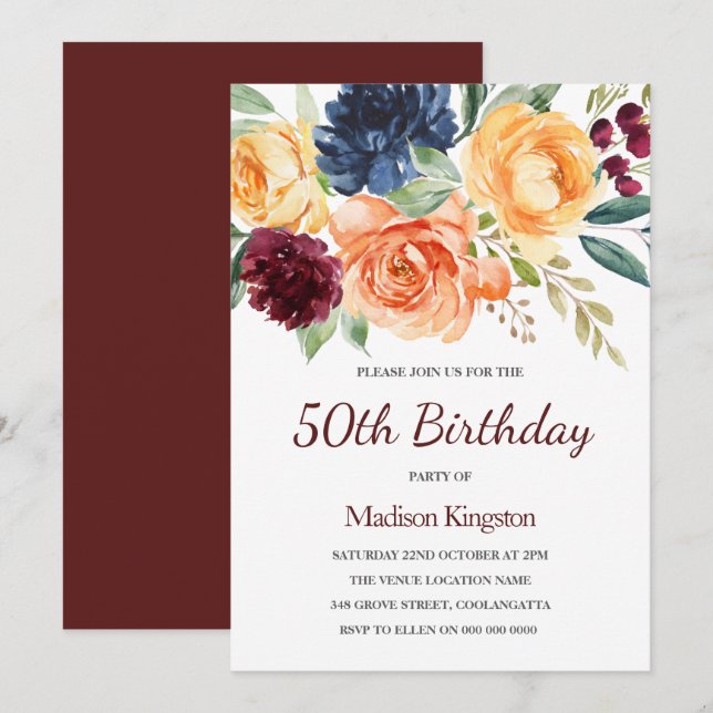Burgundy & Peach Watercolor Floral 50th Birthday Invitation (Front/Back)