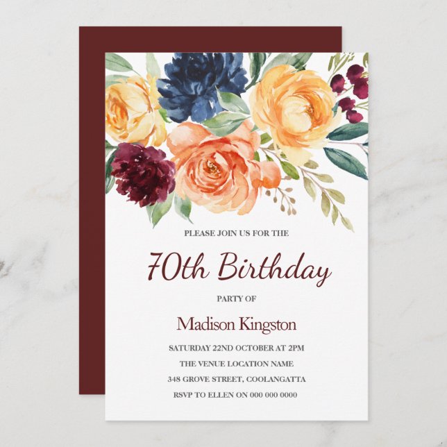 Burgundy & Peach Watercolor Floral 70th Birthday Invitation (Front/Back)