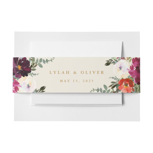 Burgundy + Peach Watercolor Floral Wedding Invitation Belly Band (Front Example)