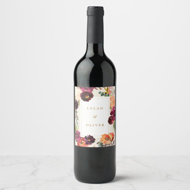 Burgundy + Peach Watercolor Floral Wedding Wine Label (Front)