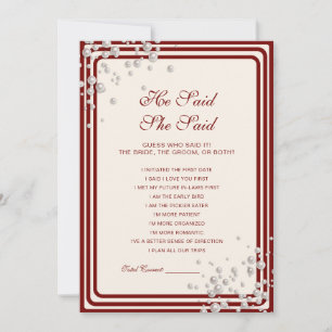 Burgundy Pearl He Said She Said Bridal Shower Game Invitation