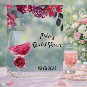Burgundy pearls and prosecco bridal shower acrylic sign