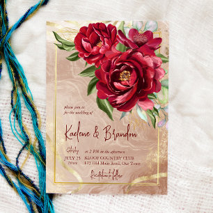 Burgundy peonies floral modern script wedding invitation