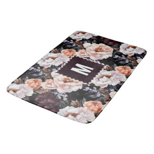 Burgundy Peonies Floral Pattern   Monogram Bath Mat